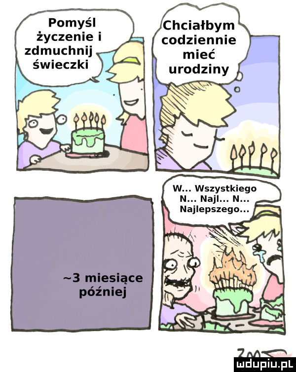 pomyśl życzenie i zdmuchnij świeczki chciałbym codziennie w. wszystkiego n. noji. n. najlepszego.   miesiące później