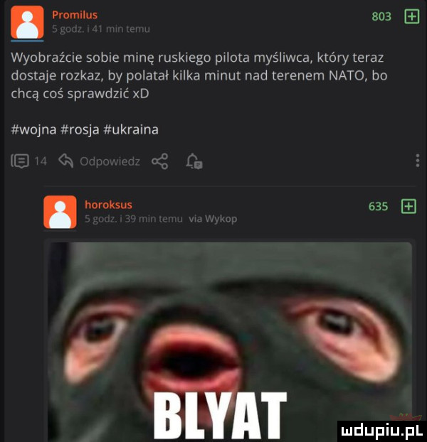 promilns     wyobraźcie some manę ruskiego pusta myśliwca który teraz dostaje rozkaz by polatał lulka mmut nad terenem nato bo chcą oś sprawdzać xd wolna rosja ukraina. homksus     i a