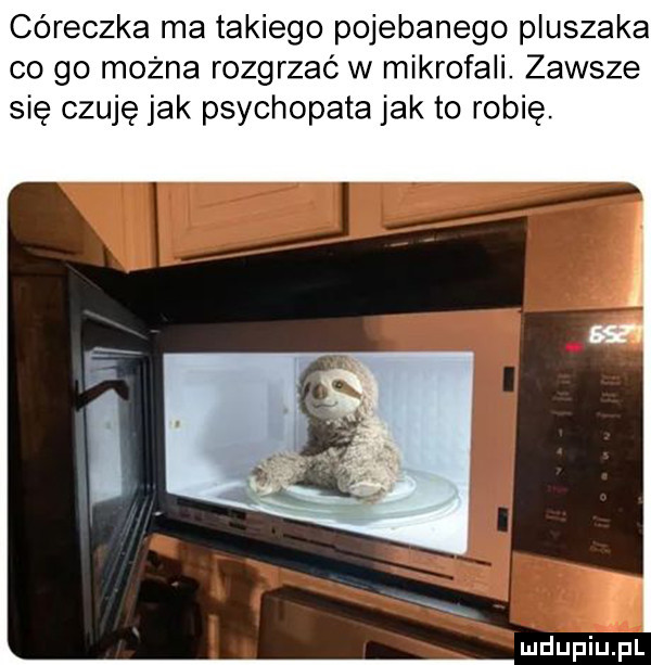 córeczka ma takiego pojebanego pluszaka co go można rozgrzać w mikrofali. zawsze się czuję jak psychopata jak to robię