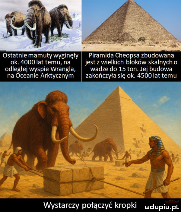 ostatnie mamuty wyginęły piramda cheopsa zbudowanar ok.      lat temu na jest z wielkich bloków skalnych odległej wyspie wrangla wadze do    ton. jej budowa na oceanie arktycznym zakończyła się ok.      lat temu wystarczy połączyć kropki