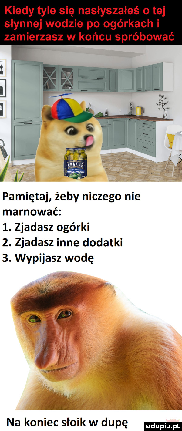 kiedy tyle się nasłyszałeś o tej słynnej wodzie po ogórkach i zamierzasz w końcu spróbować pamiętaj żeby niczego nie marnować  . zjadasz ogórki  . zjadasz inne dodatki  . wypijasz wodę i na koniec słoik w dupę