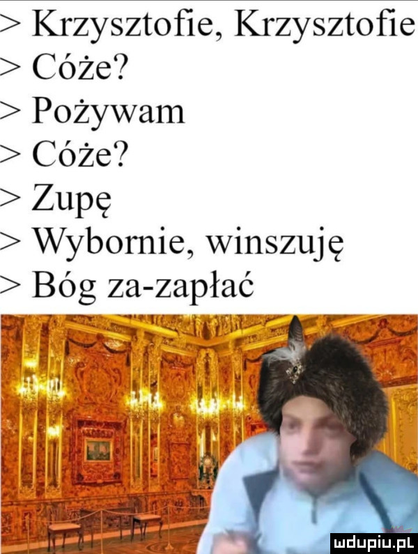 krzysztofie krzysztofie cóże pożywam cóże zupę wybornie winszuję bóg za zapłać