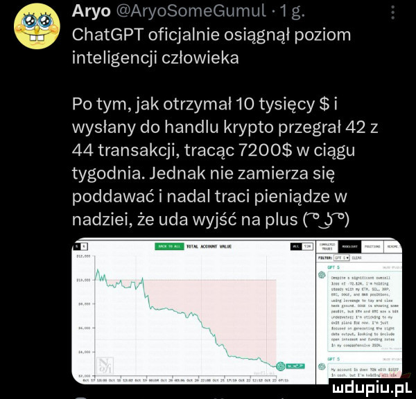 arbo leoaryosolncgumul lg. chatgpt oficjalnie osiągnął poziom inteligencji człowieka po tym jak otrzymal    tysięcy i wysłany do handlu krypto przegrał    z    transakcji tracąc      w ciągu tygodnia. jednak nie zamierza się poddawać i nadal traci pieniądze w nadziei że uda wyjść na plus
