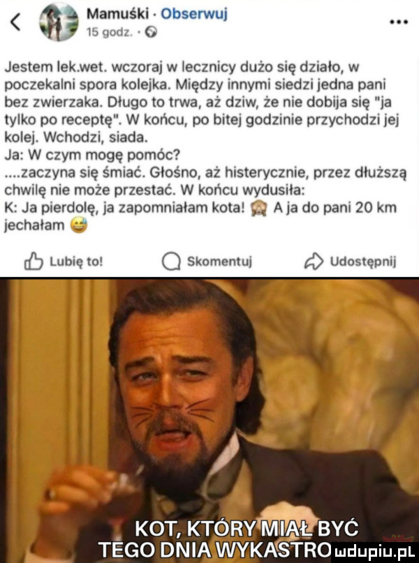 mamuśki obserwuj.         g jestem lek wet. wczoraj w lecznicy dużo się dzialo w poczekalni spora kolejka. między innymi siedzi jedna pani bez zwierzaka. dlugo to trwa aż dziw że nie dobija się ja tylko po receptę. w końcu po bitej godzinie przychodzi ibj kolej. wchodzi. siada ja w czym mogę pomóc zaczyna się śmiać. głośno aż histerycznie. przez dłuższą chwilę nie może przestać. w końcu wydusila k ja pierdolę ia zapomnialam kota aja do pani    km jechalem b lubię lo   skomenlui d udostępnij ot który miał byc tego dnia wykastro ludupiu. pl