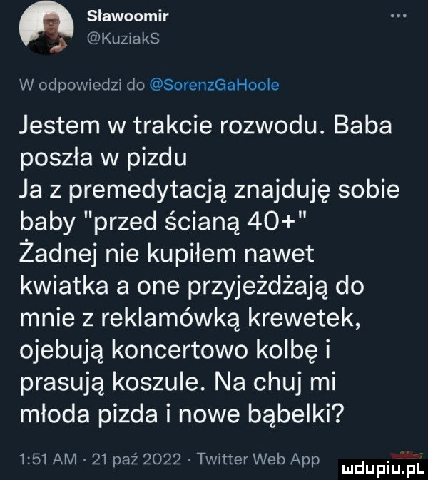 slawoomir kuzlaks w odpowiedzi do sorenzgahoole jestem w trakcie rozwodu. baba poszla w pizdu ja z premedytacją znajduję sobie baby przed ścianą    żadnej nie kupiłem nawet kwiatka a one przyjeżdżają do mnie z reklamówką krewetek ojebują koncertowo kolbę i prasują koszule. na chuj mi mloda pizda i nowe bąbelki      am    paź      timer web aap ludupiu f