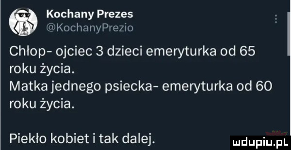 kochany prezes kochanyprezio chłop ojciec   dzieci emeryturka od    roku życia. matkajednego psiecka emeryturka od    roku życia. piekło kobiet i tak dalej. dufqul