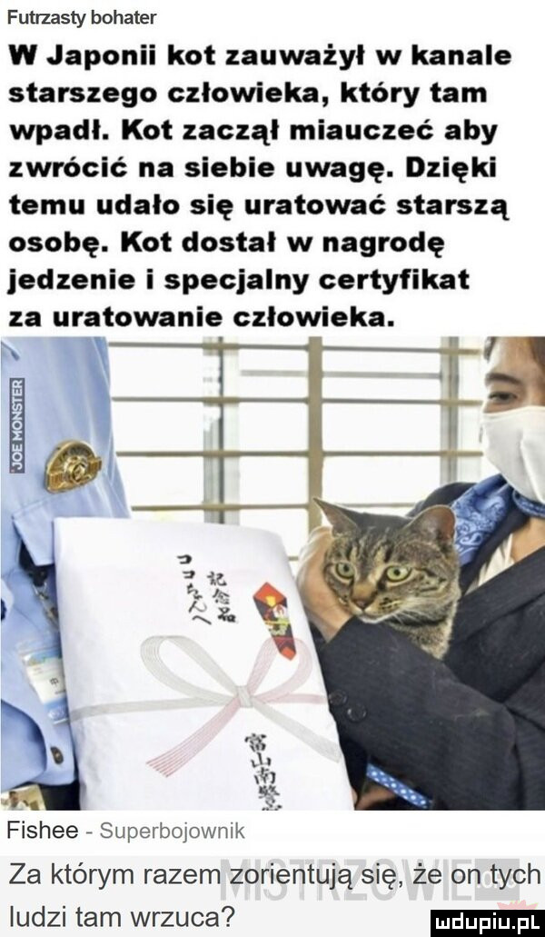 futrzasty bohater w japonii kot zauważył w kanale starszego człowieka który tam wpadł. kot zaczął miauczeć aby zwrócić na siebie uwagę. dzięki temu udało się uratować starszą osobę. kot dostał w nagrodę jedzenie i specjalny certyfikat za uratowanie człowieka. w u fishce superbopwnlk za którym razem zorientują się że on tych ludzi tam wrzuca