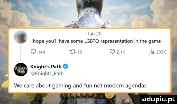 jan    hope y-u ll hace some mam representation in tee game o w     o  w li    k knight s pach   ngmsyam we café abort gaming and fan not modern agendas