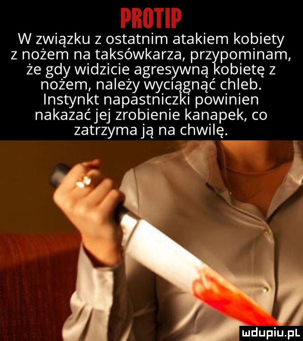 w związku z ostatnim atakiem kobiety z nożem na taksówkarza przypominam że gdy widzicie agresywną obiatę z nożem na edy wycągnąć chleb. instynkt napastnicz powinien nakazaćjej zrobienie kanapek co zatrzymają na chwilę