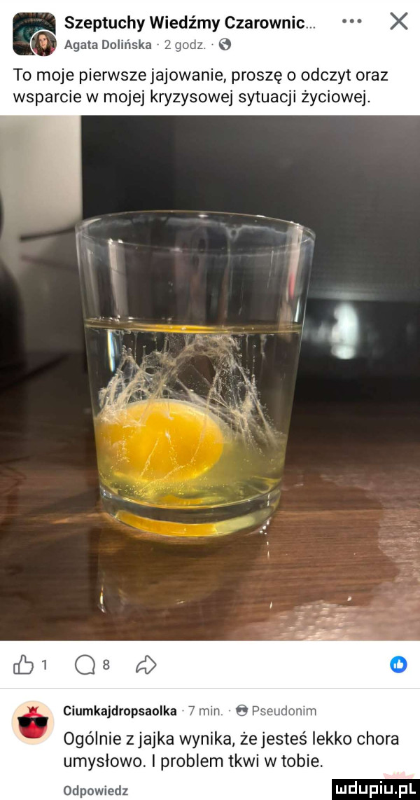 szeptuchywiedźmyczarownicm x agatadoiińska żal to moje pierwsze jarowanie proszę odczyt oraz wsparcie w mojej kryzysowej sytuacji życiowe.   a ciumkajdropsaolka   mm jdomm ogólnie z jajka wynika że jesteś lekko chora umysłowo i problem tkwi w tobie odpowiedz