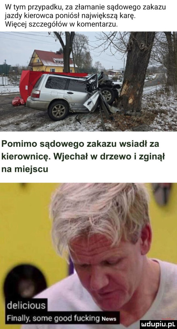 w tym przypadku za złamanie sądowego zakazu jazdy kierowca poniósł największą karę. więcej szczegółów w komentarzu pomimo sądowego zakazu wsiadl za kierownicę. wjechał w drzewo i zginął na miejscu deiicious fmahy some geod fucking news l ukw f l