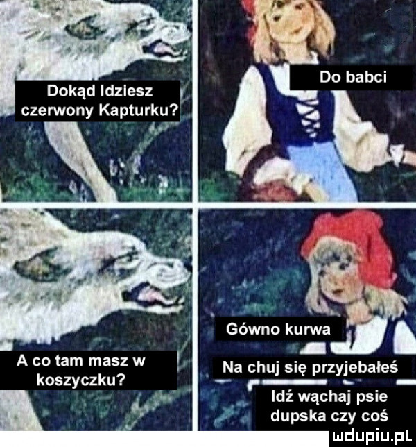 dokąd idziesz czerwony kapturku  na chuj się przyjebałeś a co tam masz w koszyczku idź wącha psie dupska czy coś