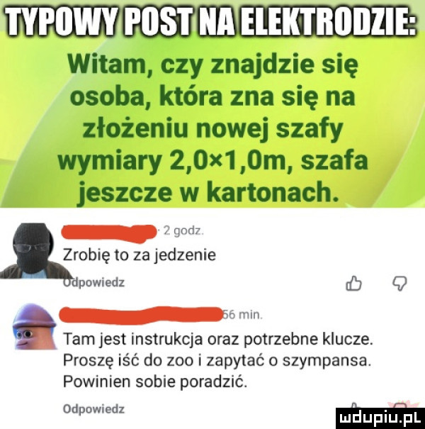 i ypiiwy post ica elek i iłiiillie witam czy znajdzie się osoba która zna się na złożeniu nowej szafy wymiary    x   m szafa jeszcze w kartonach.   w zrobię to za jedzenie dpowiedz rb q a a tam jest instrukcja oraz potrzebne klucze. proszę iść do zoo i zapytać o szympansa. powinien sobie poradzić. wie mm