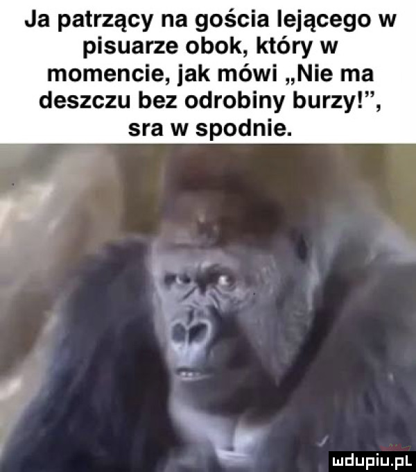 ja patrzący na gościa iejącego w pisuarze obok który w momencie jak mówi nie ma deszczu bez odrobiny burzyi sra w spodnie