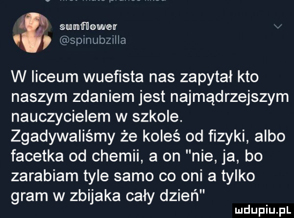 sunﬂower spinubzilla w liceum wuefista nas zapytał kto naszym zdaniem jest najmądrzejszym nauczycielem w szkole. zgadywaliśmy że koleś od fizyki albo facetka od chemii a on nie ja bo zarabiam tyle samo co oni a tylko gram w zbijaka caly dzień