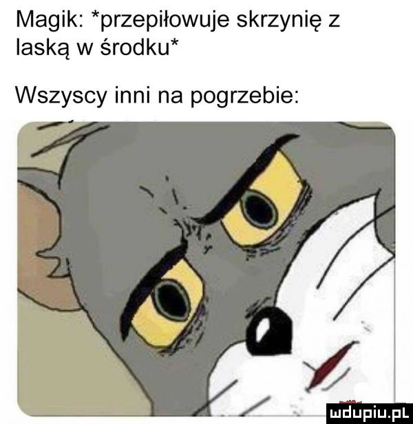 magik przepiłowuje skrzynię z laską w środku wszyscy inni na pogrzebie