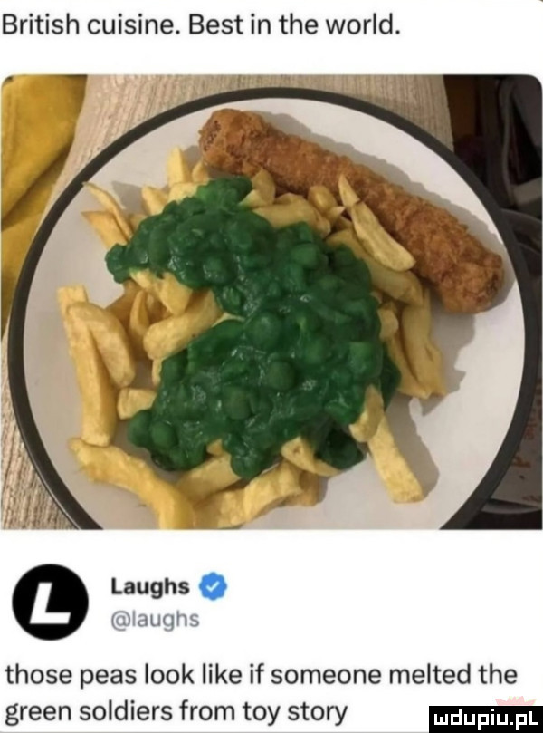 british cuisine. best in tee wored. laughs o i duqhs those pias look like if someone melted tee green soldiers from tey story