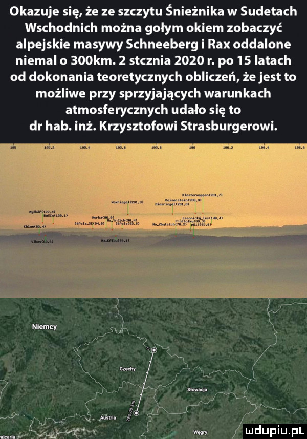 okazuje się że ze szczytu śnieżnika w sudetach wschodnich można gołym okiem zobaczyć alpejskie masywy schneeberg i rex oddalone niemal      km.   slcznia      r. po    latach od dokonania teoretycznych obliczeń że jest to możliwe przy sprzyjających warunkach atmosferycznych udalo się to dr hub inż. krzysztofowi strasburgerowi. niemcy o mm