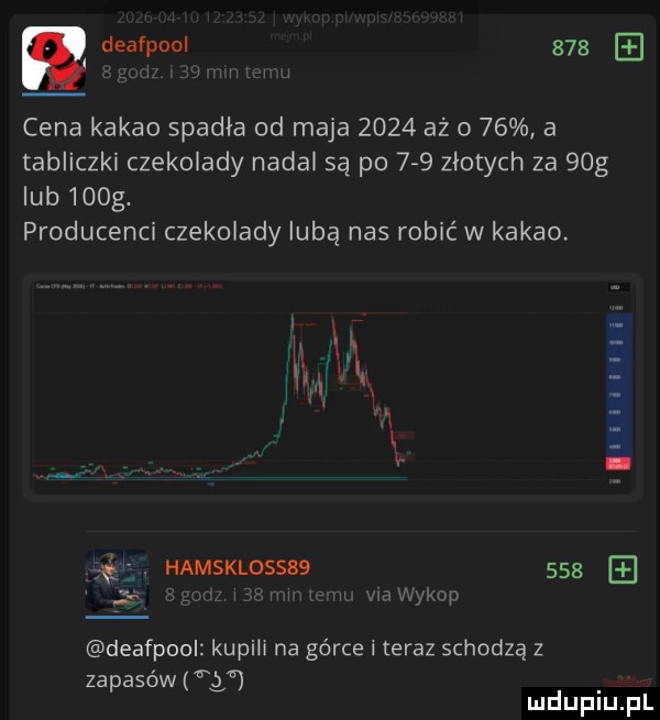 deafpool     cena kakao spadla od maja      aż o    a tabliczki czekolady nadal są po    zlotych za   g lub    g. producenci czekolady luba nas robić w kakao. l e m ix wx l. hamskloss       l i wal kitlu deafpool kupili na górce i teraz schodzą z zapasów i d l lu uplu p