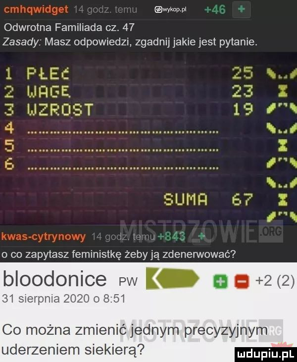 emma odwrotna familiada cz.    zasady. masz odpowiedzi zgadnij jakiejest pykanie. o co zapylasz feministkę żeby ją zdenerwować bioodonice pw k. a        sierpnia      o      co można zmienić jean precyzyjnym uderzeniem siekierą udupiu pl