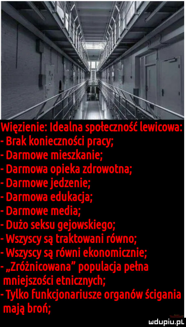 więzienie idealna społeczność lewicowa brak konieczności pracy darmowe mieszkanie darmowa opieka zdrowotna darmowe jedzenie darmowa edukacja darmowe media dużo seksu gejowskiego wszyscy są tra knowani równo wszyscy są równi ekonomicznie zróżnicowana populacja pełna mniejszości etnicznych tylko funkcjonariusze organów ścigania mają broń