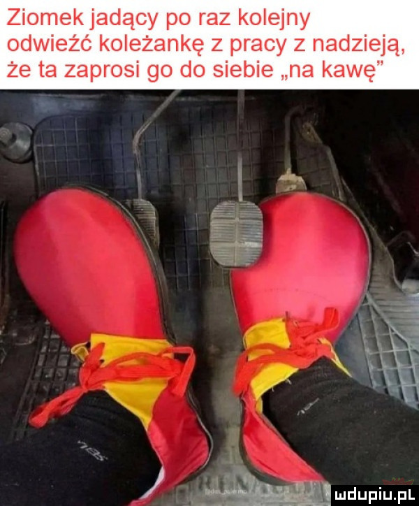 ziomekjadąoy po raz kolejny odwieźć koleżankę z pracy z nadzieją że ta zaprosi go do siebie na kawę