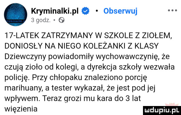 kryminalklplq obserwuj sgodz    latek zatrzymany w szkole z ziolem doniosly na niego koleżanki z klasy dziewczyny powiadomiły wychowawczynie ze czują zioło od kolegi a dyrekcja szkoły wezwała policję. przy chłopaku znaleziono porcję marihuany a tester wykazał że jest pod jej wpływem. teraz grozi mu kara do   lat więzienia