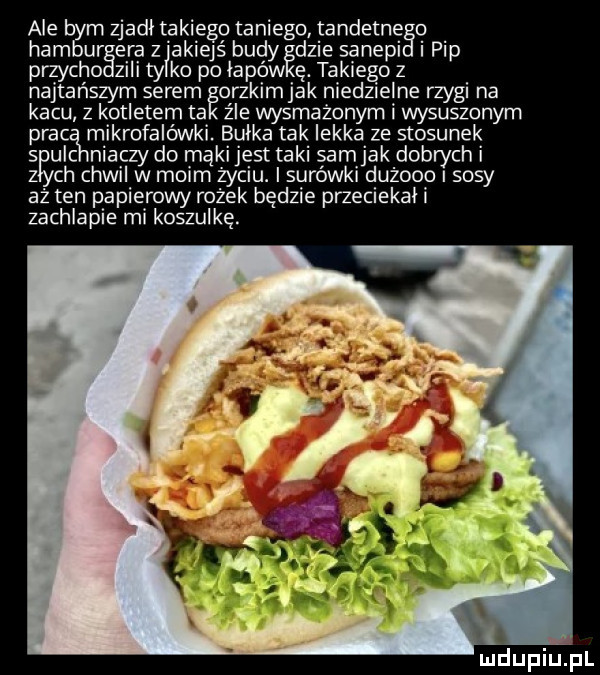 ale bym zjadł takiego taniego tandetne hambur era z akiejś budy edzie sanepi i pip przycho zali ty ko po ianów ę. takiego z najtańszym serem eorzkimjak niedzielne rzygi na kacu z kotletem ta źle wysmażonym i wysuszonym prac mikrofalówki. bułka tak lekka ze stosunek   ul niaczy do mąki jest taki samjak dobrych i z ych chwil w moim życiu. i surówki dużooo sosy aż ten papierowy rożek będzie przeciekli i zachlapie mi koszulkę
