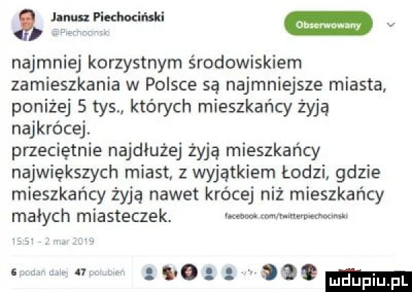 iw w w v najmniej korzystnym środowiskiem zamieszkania w polsce są najmniejsze miasta poniżej s tys których mieszkańcy żyją najkrócej przeciętnie najdłużej żyją mieszkańcy największych miast z wyjątkiem łodzi gdzie mieszkańcy żyją nawet krócej niż mieszkańcy małych miasteczek. mm mam wwwm do