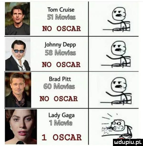 tom cruise mwmm no oscar johnny depp   naw ąa no oscar brad pitt m-c no oscar lady gaga  mmm l oscar mdﬁpiupl