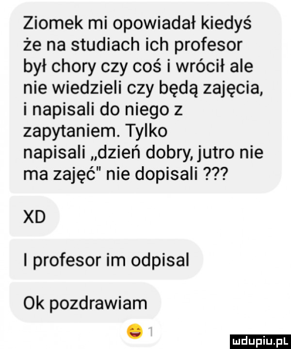 ziomek mi opowiadał kiedyś że na studiach ich profesor był chory czy coś i wrócił ale nie wiedzieli czy będą zajęcia i napisali do niego z zapytaniem. tylko napisali dzień dobry jutro nie ma zajęć nie dopisali xd profesor im odpisal ok pozdrawiam