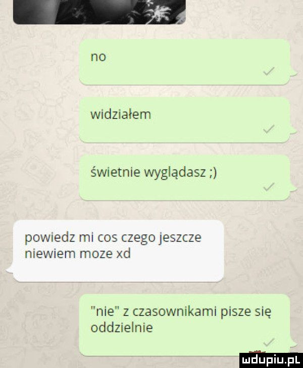 no widziałem świetnie wyglądasz powiedz mi cos czego jeszcze mewsem moze xd nie z czasownikami pisze się oddzielnie ludki l