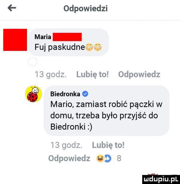 odpowiedzi. maria fuj paskudne   godz lunięto odpowiedz   biedronka mario zamiast robić pączki w domu trzeba było przyjść do biedronki    godz. lunięto odpowiedz