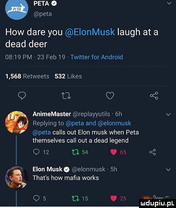 pai ao v. peta hiw daje y-u elonmusk laugh at a diad dier       pm.    feb    twitter for andrmd       retweets     limes q m a z animemaster replayymils  h v replymg to peta and elonmusk peta calls out egon munk wien peta themselves cell out a diad legend          .    egon musie elonmusk  h v trat s hiw maﬁa works j q   tl   .    mmm