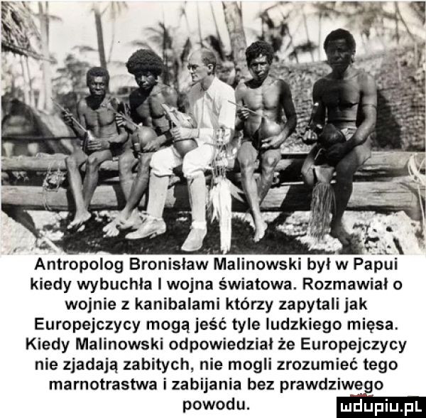 antropolog bronislaw malinowski był w pa ui kiedy wybuchla i wojna światowa. rozmawiał o wojnie z kanibalami którzy zapytali jak europejczycy mogą jeść tyle ludzkiego mięsa. kiedy malinowski odpowiedział że europejczycy nie zjadają zabitych nie mogli zrozumieć tego marnotrastwa izabijania bez prawdziwe o powodu