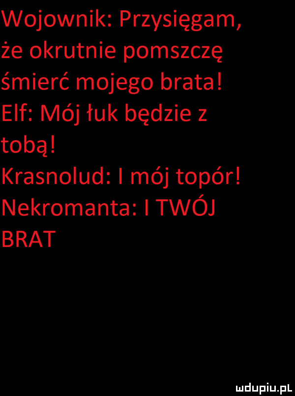 wojownik przysięgam że okrutnie pomszczę śmierć mojego brata elf mój łuk będzie z tobą krasnolud mój topór nekromanta itwój brat
