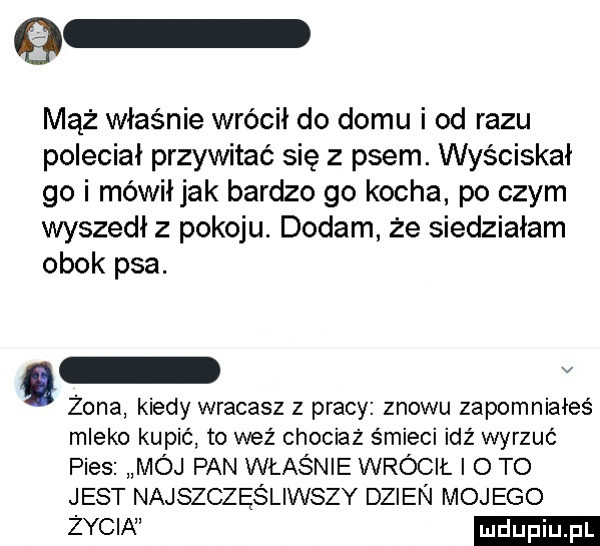 mąż właśnie wrócił do domu i od razu poleciał przywitać się z psem. wyściskał go i mówił jak bardzo go kocha po czym wyszedł z pokoju. dodam że siedziałam obok psa. v żona kiedy wracasz z pracy znowu zapomniałeś mleko kupić to weź chociaz śmieci idź wyrzuć pies mój pan właśnie wrócił   to jest najszczęśliwszy dzien mojego  ch