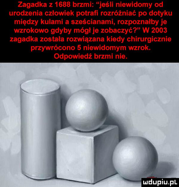 zagadka z      brzmi jeśli niewidomy od urodzenia człowiek potrafi rozróżniać po dotyku między kulami a sześcianami. rozpoznałby ie wzrokowo gdyby mógł je zobaczyć w      zagadka została rozwiązana kiedy chirurgicznie przywrócono   niewidomym wzrok. odpowiedź brzmi nie. uiiłhiupl