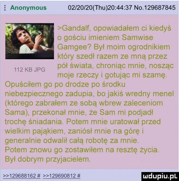 anonymous          tau          no           gandalf opowiadałem ci kiedyś o gościu imieniem samwise gamgee byl moim ogrodnikiem który szedł razem ze mną przez pół świata chroniąc mnie nosząc moje rzeczy i gotując mi szamę. opuściłem go po drodze po środku niebezpiecznego zadupia bo jakiś wredny menel którego zabrałem ze sobą wbrew zaleceniom sarna przekonał mnie że sam mi podjadł trochę śniadania. potem mnie uratował przed wielkim pająkiem zaniósł mnie na górę i generalnie odwalił cała robotę za mnie. potem znowu go zostawiłem na resztę życia. był dobrym przyjacielem.                db      kbjpg