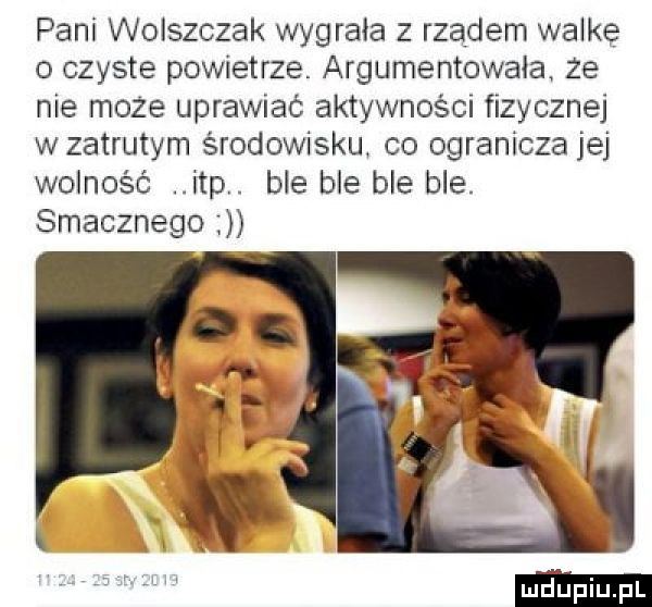 pani wolszczak wygrala z rządem walke o czyste powietrze argumentowała  e nie moze uprawiac aktywności fizycznej wzatrutym środowisku co ogranicza jej wolność ibp. ble ble ble ble. smacznego