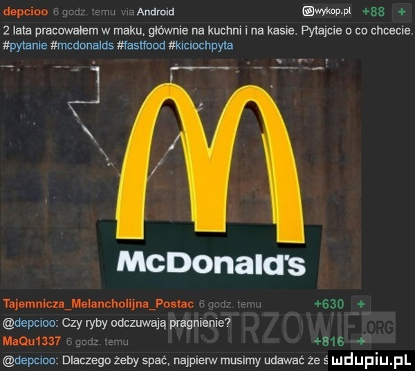 depcioo   android wykop pl      lata pracowałem w maku głównie na kuchni i na kase. pytajcie o co chcecie. pytanie mcdonalds fasﬁood klclochpyla   mcdonald s szemniczaźmeiancholljnaźpnstac     depcwoo czy ryby odczuwają pragnienie ma u             depmuo dlaczego żeby spać najpierw musimy udawać że