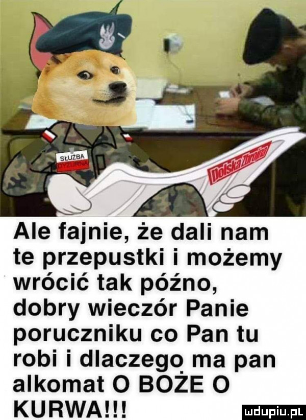 ale fajnie że dali nam te przepustki i możemy wrócić tak późno dobry wieczór panie poruczniku co pan tu robi i dlaczegq ma pan alkomat o boze o kurwa