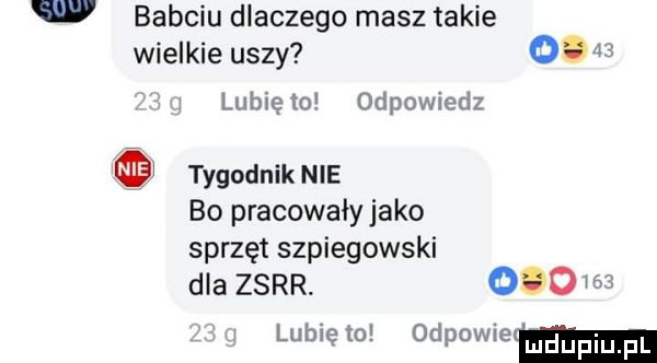 babciu dlaczego masz takie wielkie uszy o lubię to odpowiedz tygodnik nie bo pracowały jako sprzęt szpiegowski dla zsrr. oso ms lubię    odpowiem