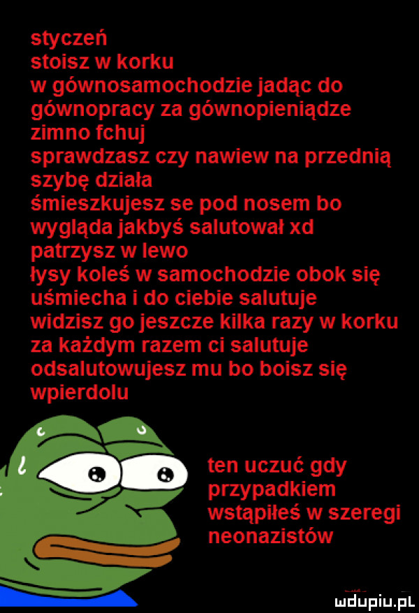 styczeń stoisz w korku w gównosamochodzie jadąc do gównopracy za gównopieniądze zimno fchuj sprawdzasz czy nawiew na przednią szybę działa śmieszkujesz se pod nosem bo wygląda jakbyś salutowai xd patrzysz w lewo łysy koleś w samochodzie obok się uśmiecha i do ciebie salutuje widzisz go jeszcze kilka razy w korku za każdym razem ci salutuje odsalutowujesz mu bo boisz się wpierdolu on ten uczuć gdy przypadkiem wstąpiłes w szeregi neonazistów mhiniu pl