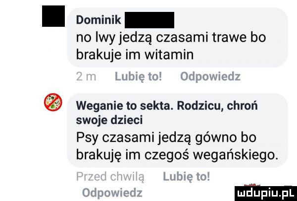 dominik no iwy jedzą czasami trawe bo brakuje im witamin weganie to sekta. rodzicu chroń swoje dzieci psy czasami jedzą gówno bo brakuję im czegoś wegańskiego