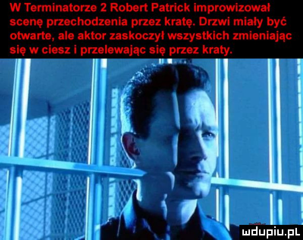 w terminatorze   robert patrick lmprowizowal scenę przechodzenia przez kratę. drzwi miały być otwarts. ale aktor zaskoczyl wszystkich zmieniając się w ciesz i przelewając się przez kraty. mjupiupl