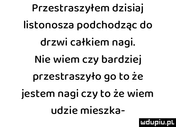 przestraszyłem dzisiaj listonosza podchodząc do drzwi całkiem nagi. nie wiem czy bardziej przestraszyło go to że jestem nagi czy to że wiem gdzie mieszka. mmm