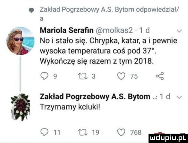 zakład pogrzebowy as bytom odpowiedział   mariola serafin molkasz   d e no i stało się. chrypka katar a i pewnie wysoka temperatura coś pod   . wykończę się razem złym     . o   tj   o      zakład pogrzebowy a s. bytom   d. trzymamy kciuki o    ll w o