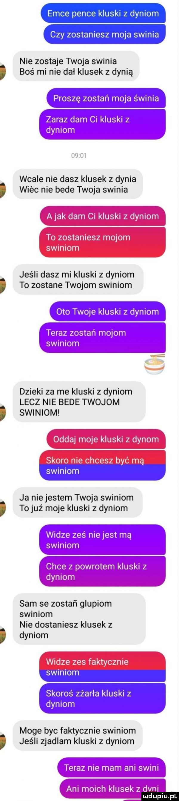 nie zostaje twoja swinia boś mi nie dał klusek z dynią wie. z wf mi w r wuj wcale nie dasz klusek z dynia wiec nie bede twoja swinia a jak dam ci kluski z dyniom to zostaniesz majom swiniom jeśli dasz mi kluski z dyniom to zostane tworom swiniom war   mm ę lwami an i mam i n l i dzieki za me kluski z dyniom lecz nie bede tworom swiniom oddaj moje kluski z dynom ja nie jestem twoja swiniom. tojuź moje kluski z dyniom sam se zostań glupiom swiniom nie dostaniesz klusek z. dyniom widze zes faktycznie moge byc faktycznie swiniom. jeśli zjadlam kluski z dyniom