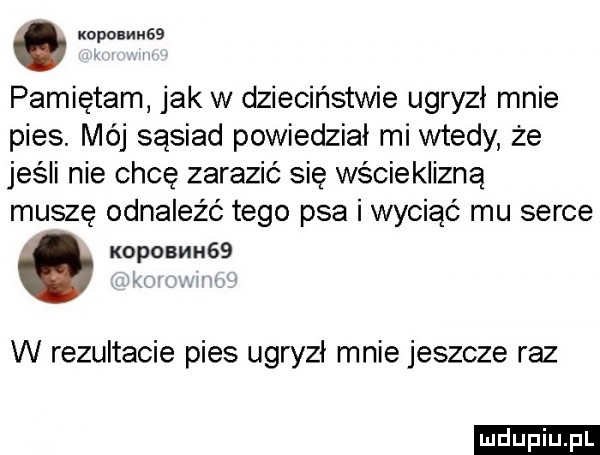 uopowuss. pamiętam jak w dzieciństwie ugryzł mnie pies. mój sąsiad powiedział mi wtedy że jeśli nie chcę zarazić się wścieklizna muszę odnaleźć tego psa i wyciąć mu serce. koposvm   w rezultacie pies ugryzł mnie jeszcze raz ludu iu. l